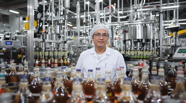 Indonesian early 40s production supervisor, overseeing a beverage bottling line