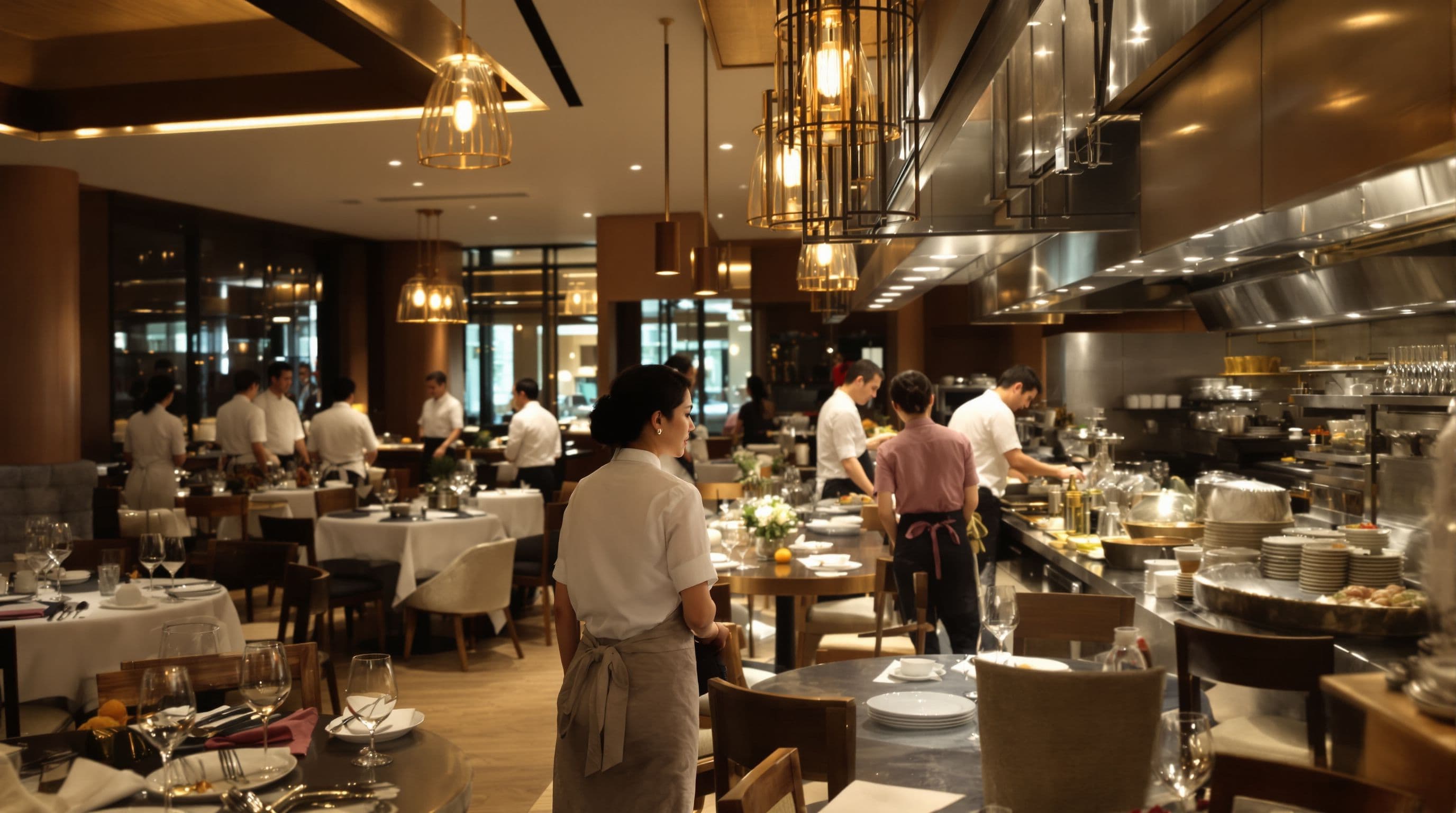 Singaporean Chinese late 40s restaurant group CEO, visiting one of her restaurants during service