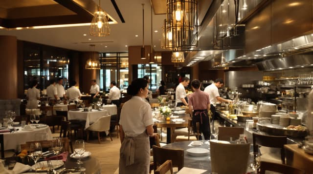 Singaporean Chinese late 40s restaurant group CEO, visiting one of her restaurants during service