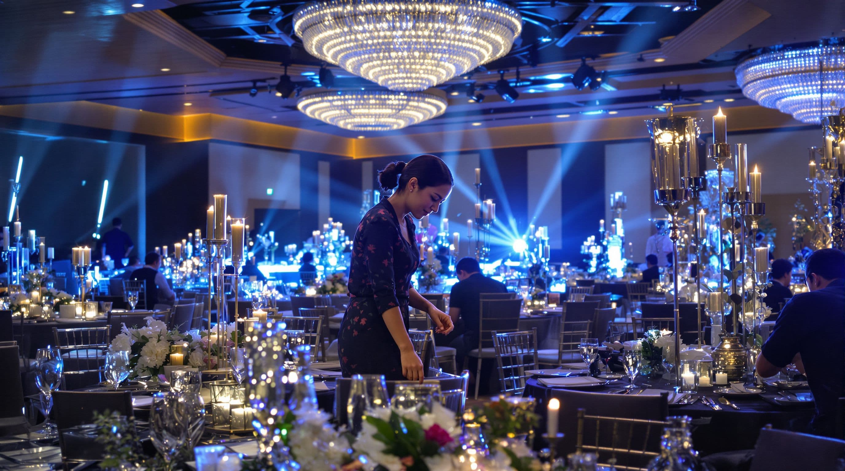 Thai late 30s corporate event planner, managing a company gala setup in a hotel ballroom