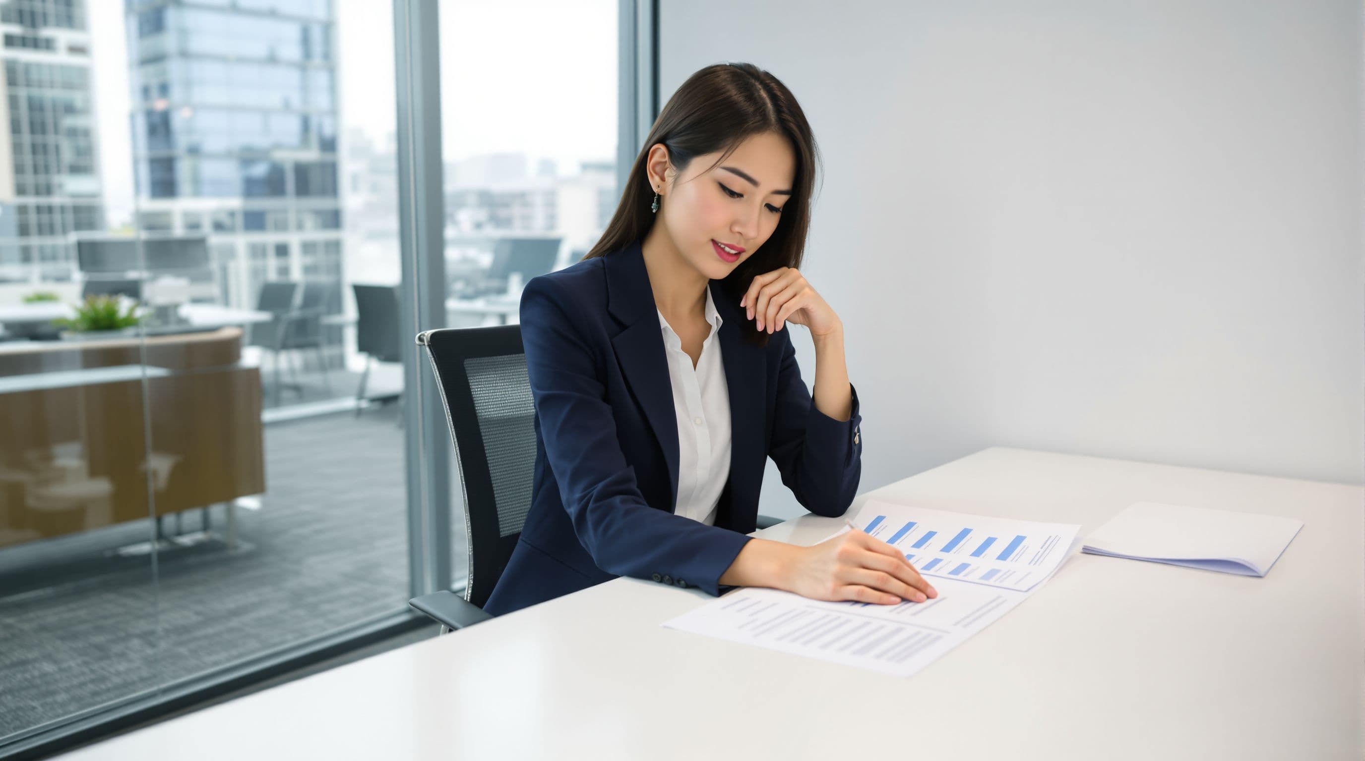 HR professional reviewing candidate profiles on laptop in a modern New York office