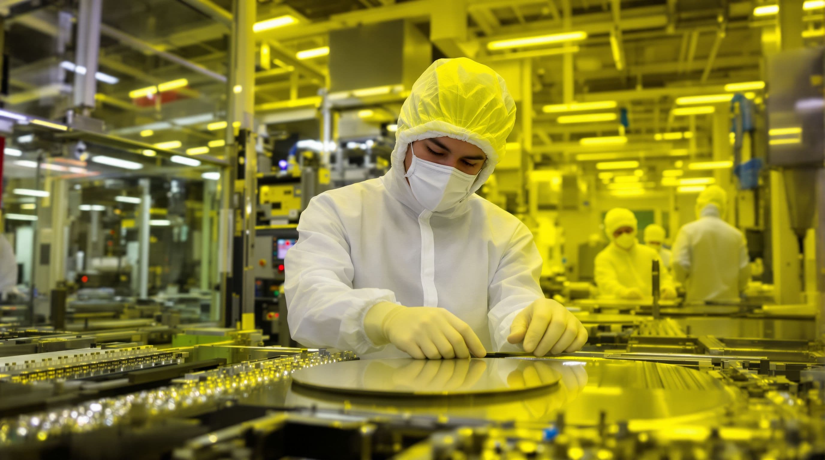 Malaysian late 30s process engineer, in a semiconductor fab clean room