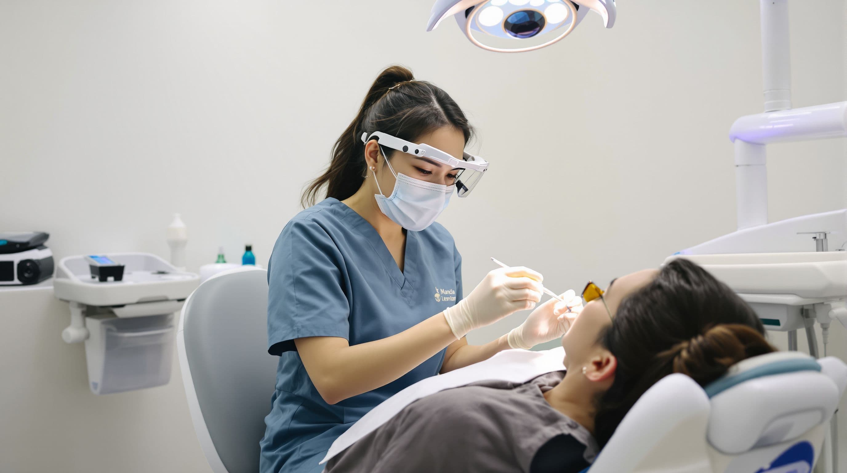 Malaysian early 40s dentist, performing a dental examination on a patient in a modern dental chair