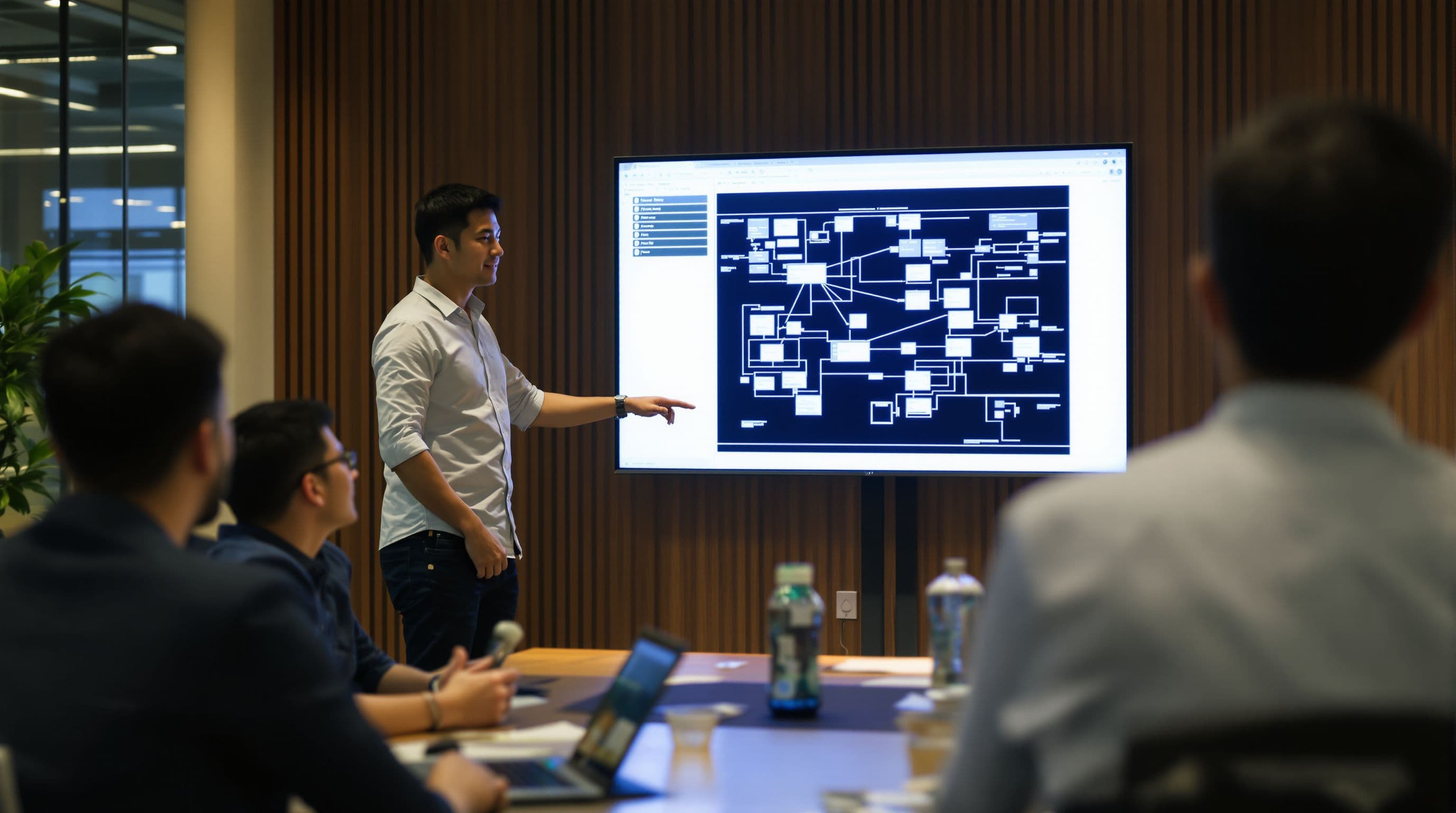 Singaporean Chinese early 40s IT consultant, at a client's office leading a system assessment meeting
