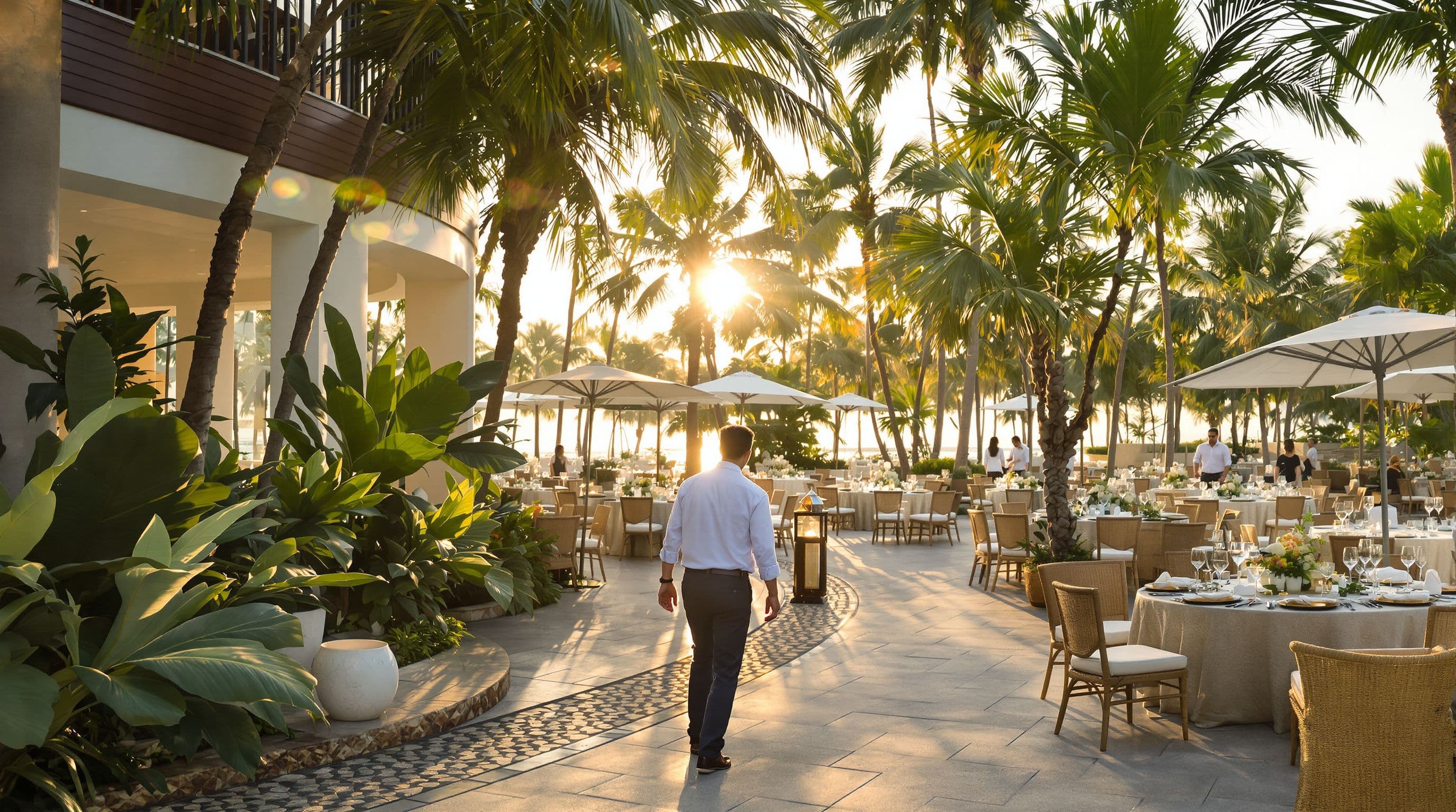 Singaporean Chinese early 40s incentive travel director, at a luxury resort coordinating a corporate reward...