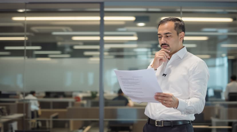 Financial services professional in Singapore reviewing risk management documentation