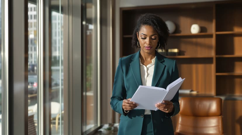 Executive reviewing AI governance framework documents in a modern office