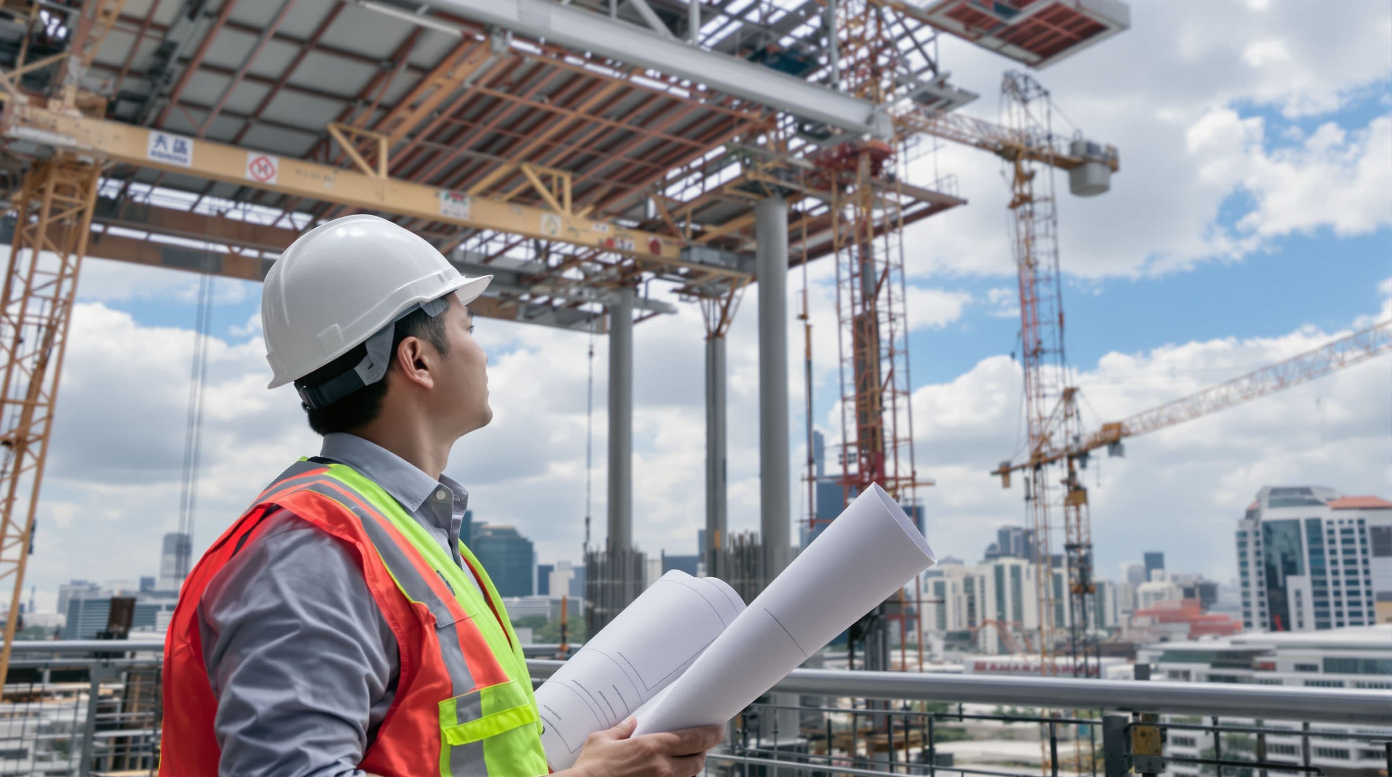 Thai mid-40s structural engineer, on a high-rise construction site reviewing progress