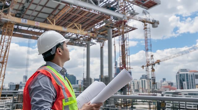 Thai mid-40s structural engineer, on a high-rise construction site reviewing progress