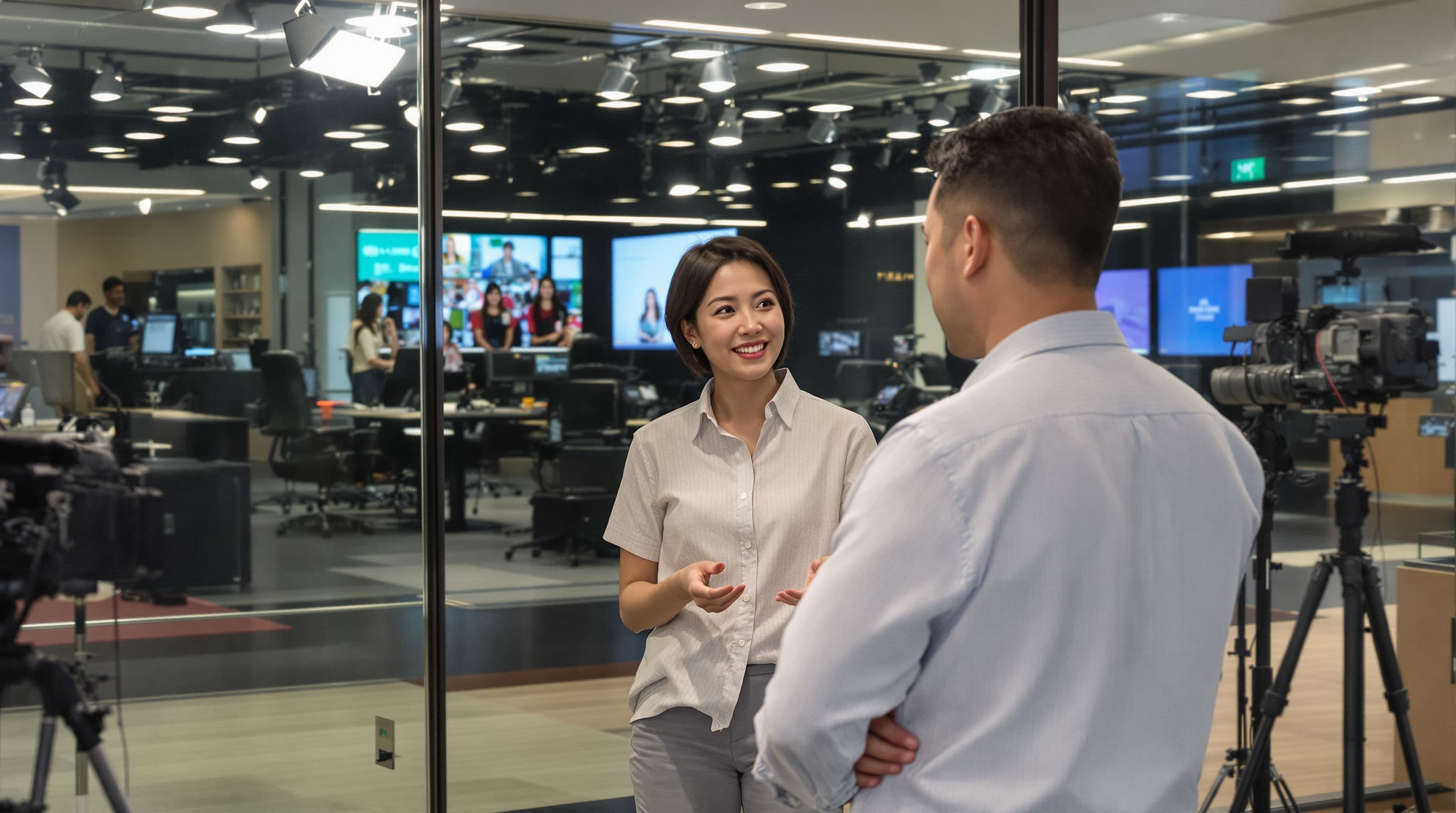 Singaporean Chinese mid-40s PR agency director, briefing a client (back visible) before a media interview