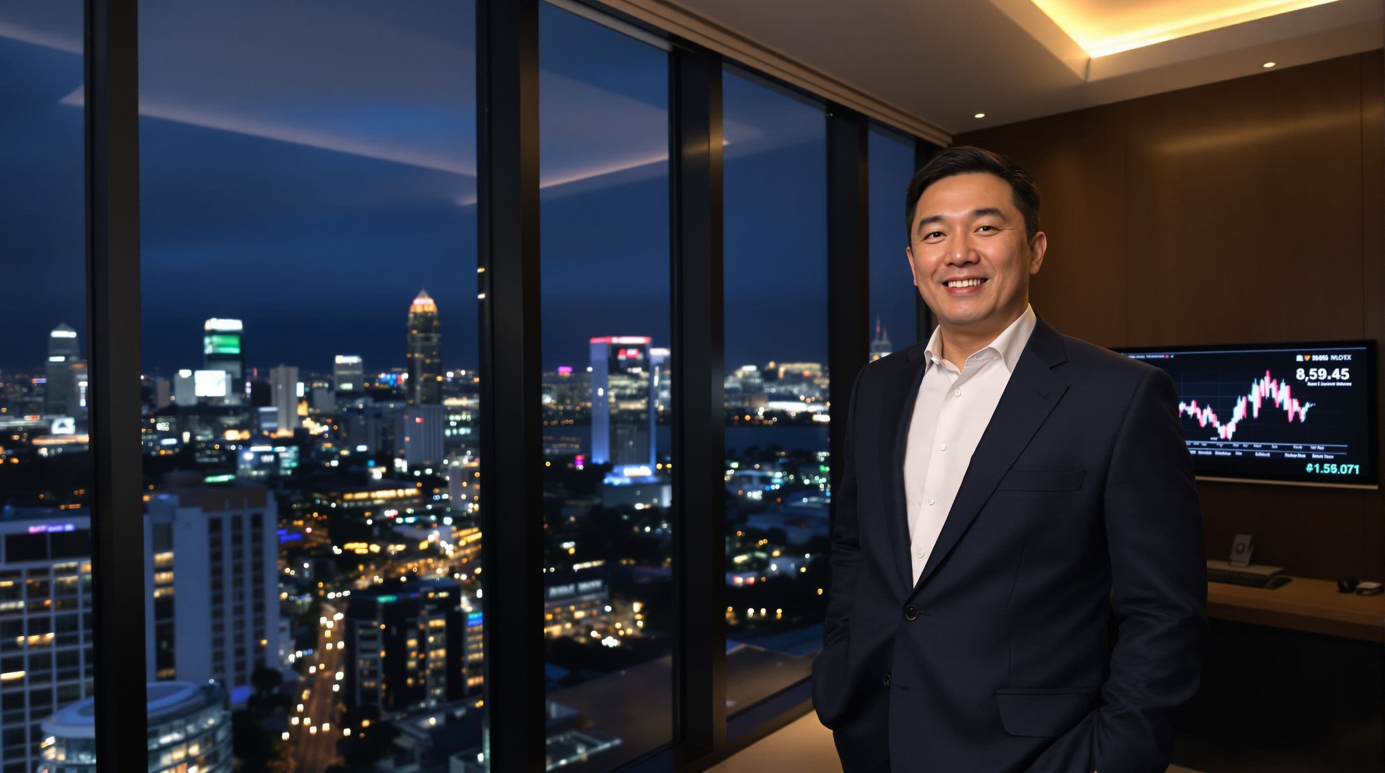 Portfolio manager reviewing investment performance data on multiple monitors in a modern trading floor