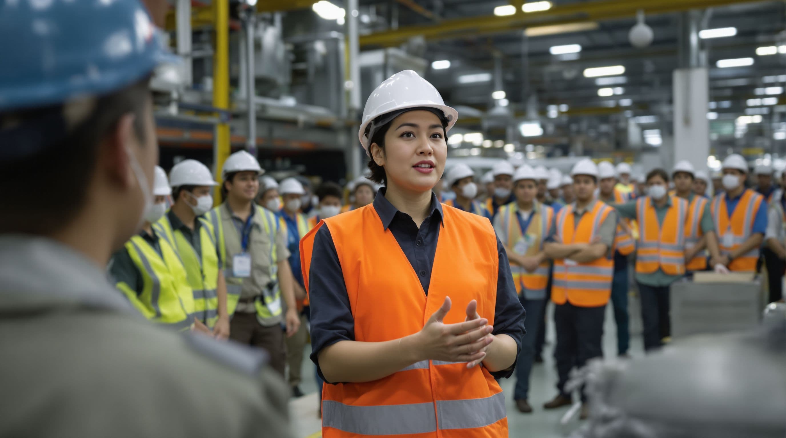 Thai late 30s staffing agency coordinator, at a client manufacturing site conducting a work...