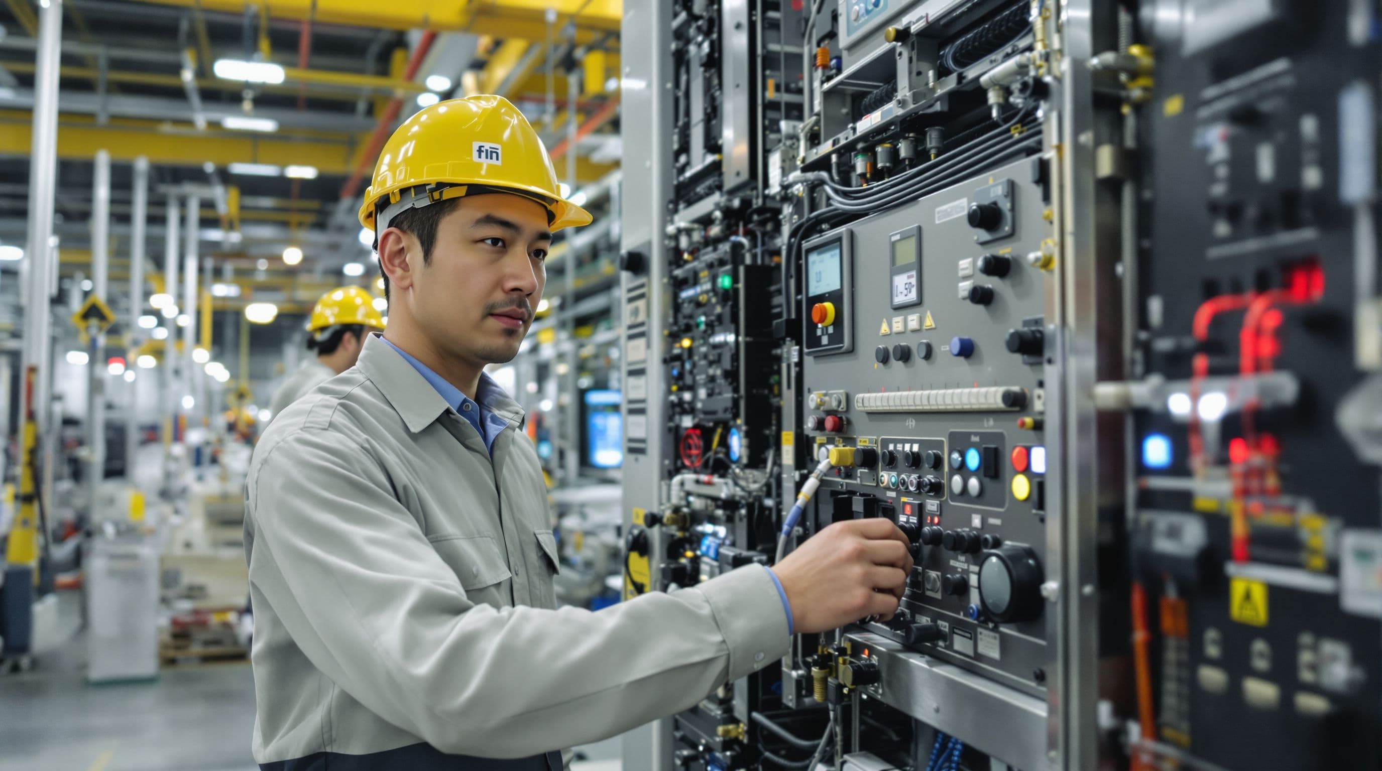 Japanese mid-40s systems integration project manager, at a factory client site overseeing an a...