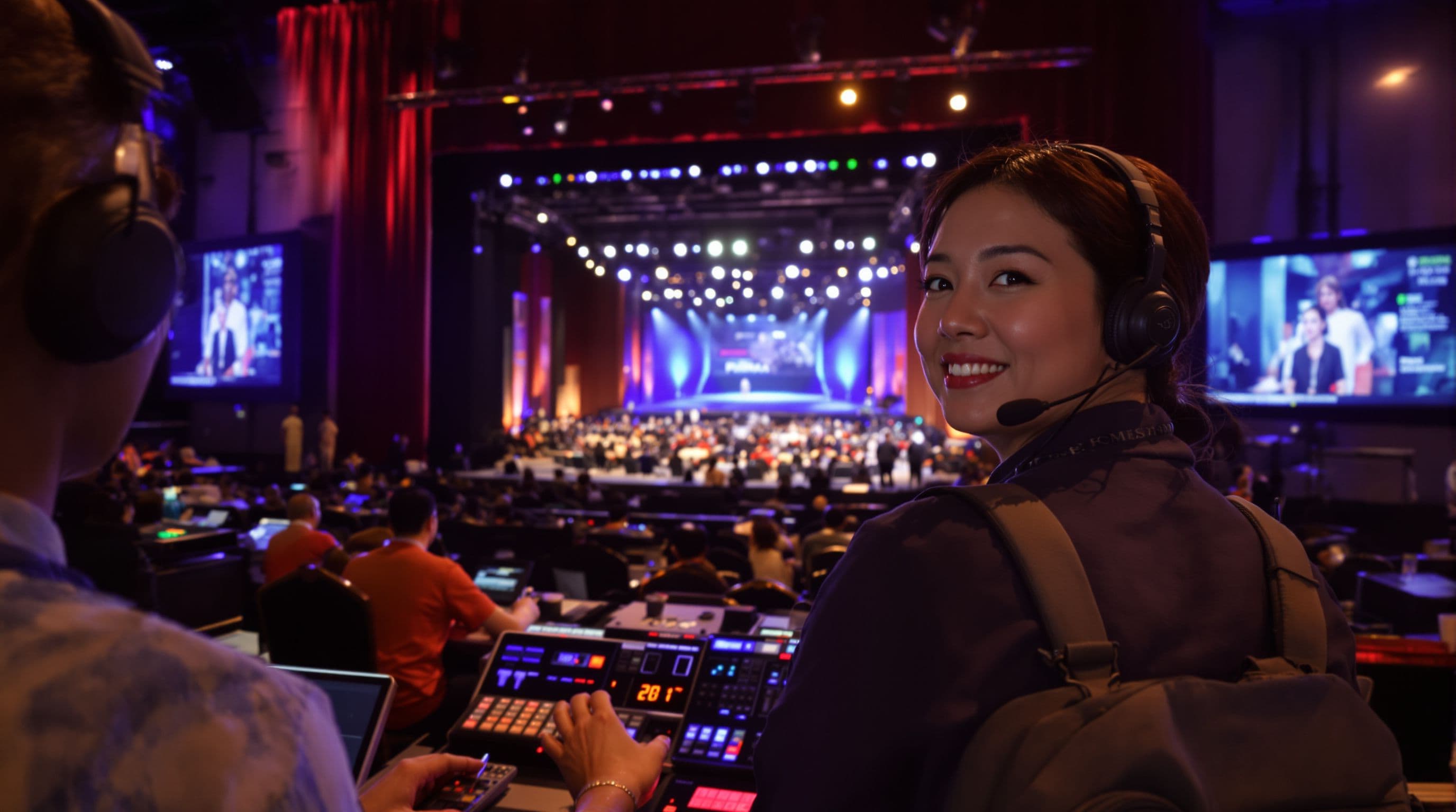 Singaporean Chinese mid-40s conference director, backstage at a major business conference