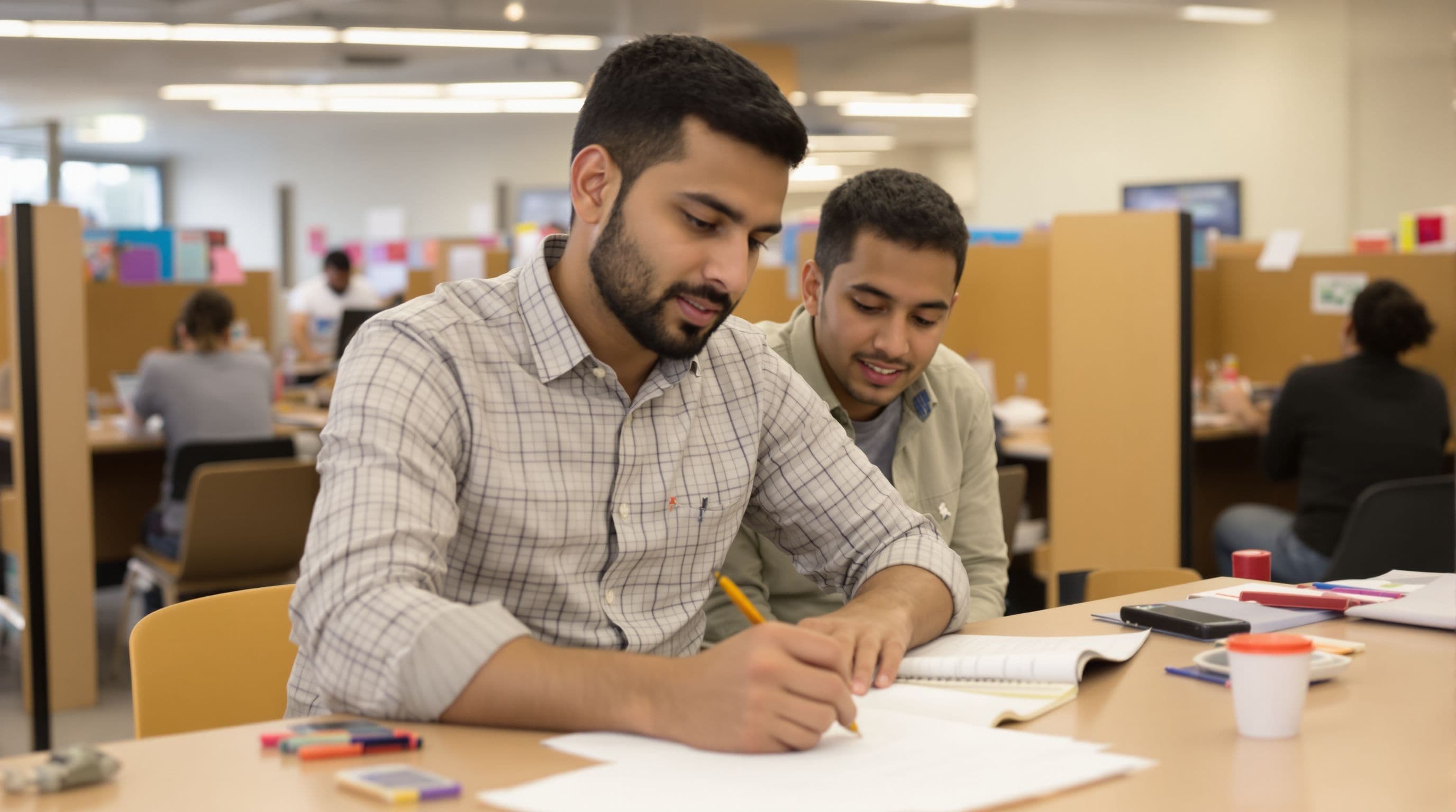 Indian early 30s tutoring center instructor, working one-on-one with a student at a study desk
