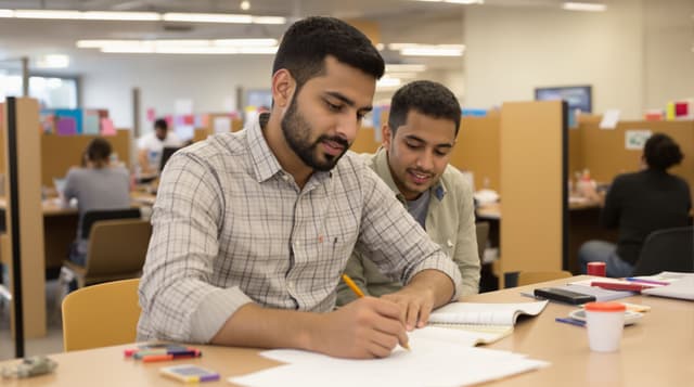 Indian early 30s tutoring center instructor, working one-on-one with a student at a study desk