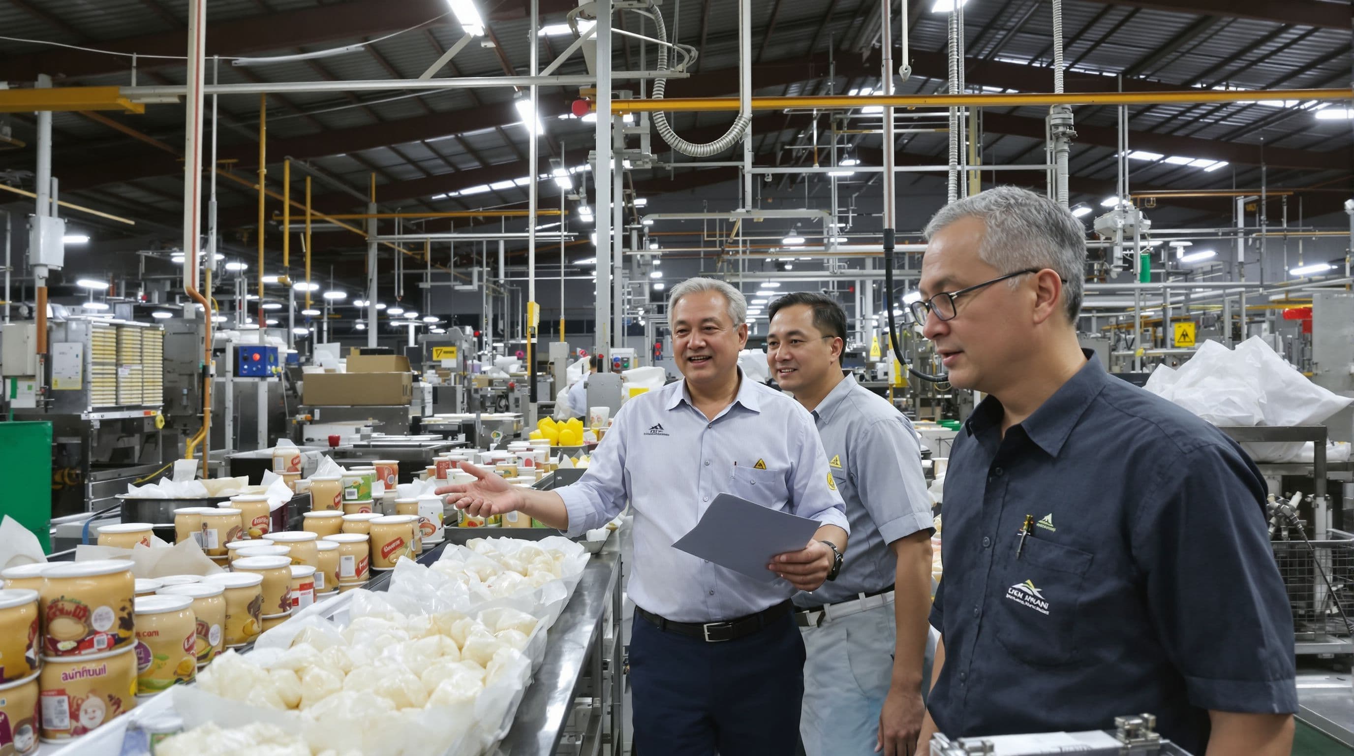 Thai late 50s second-generation factory owner, showing his son (late 20s) the family's food...