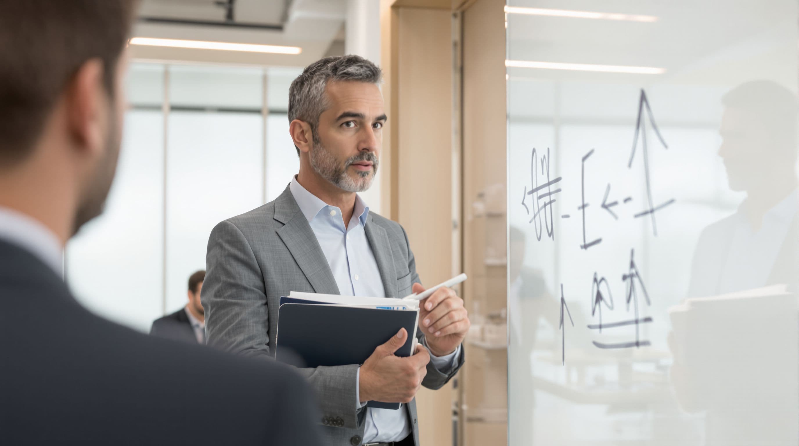 Business team in modern European office reviewing compliance documentation