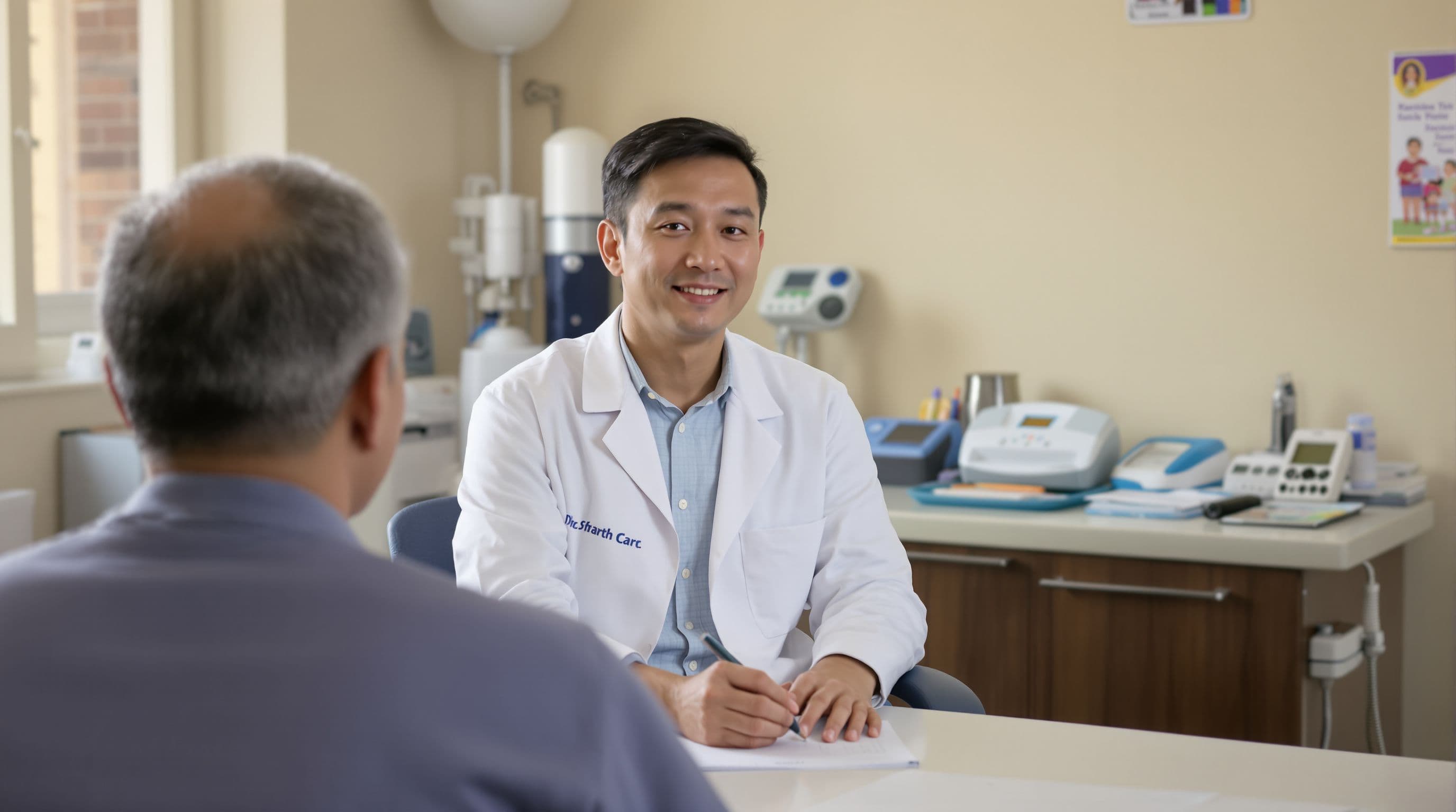 Thai late 40s family physician, conducting a consultation in his clinic