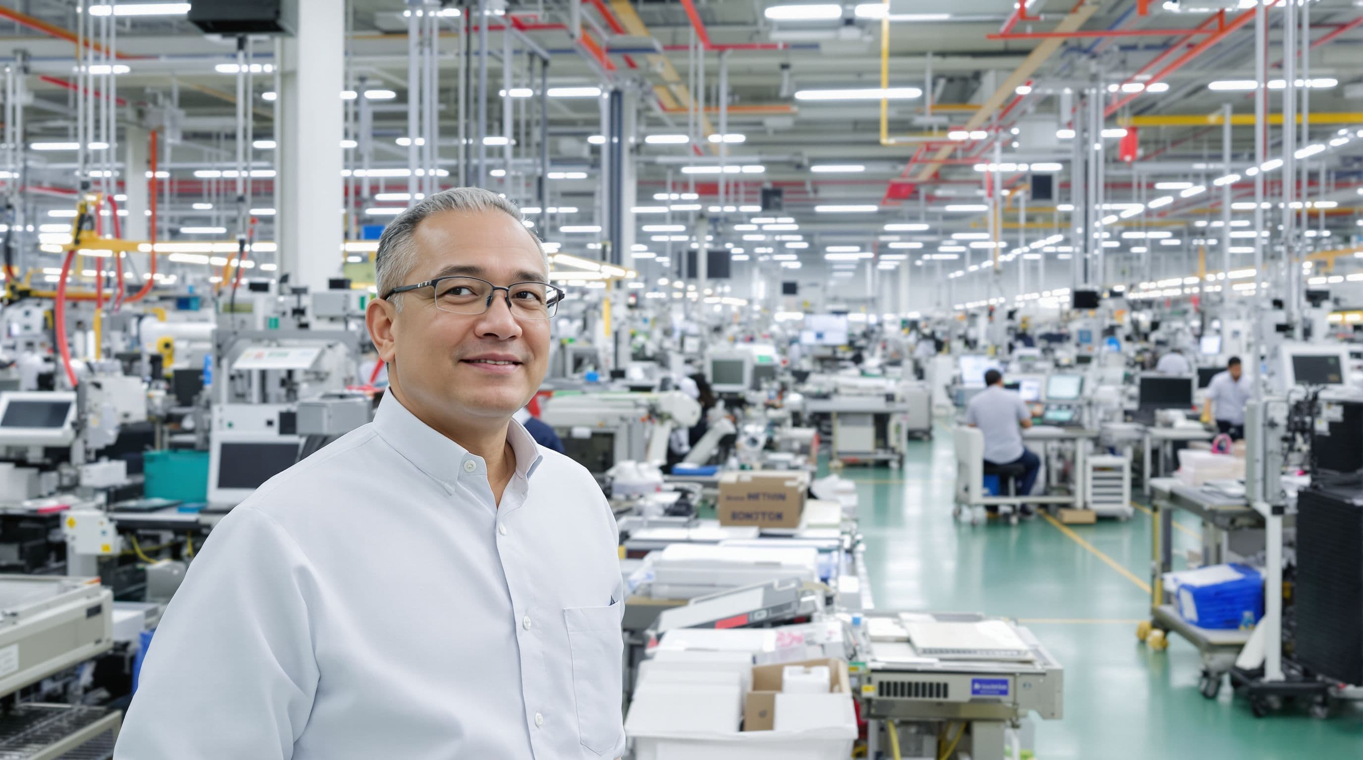 Thai mid-40s production manager, walking the floor of an electronics assembly plant