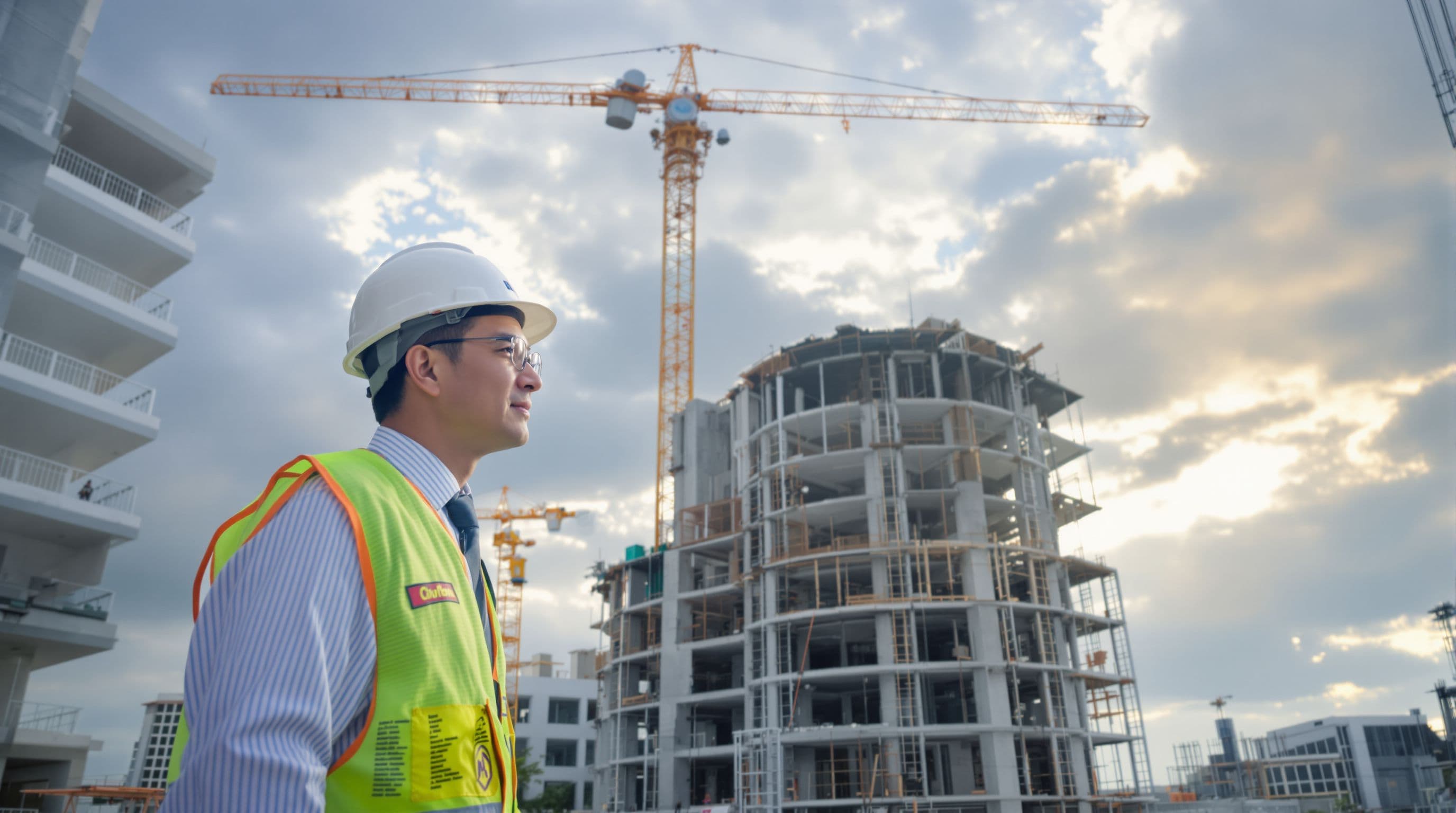 Vietnamese early 50s property developer CEO, at a construction site viewing progress on a mixed-us...