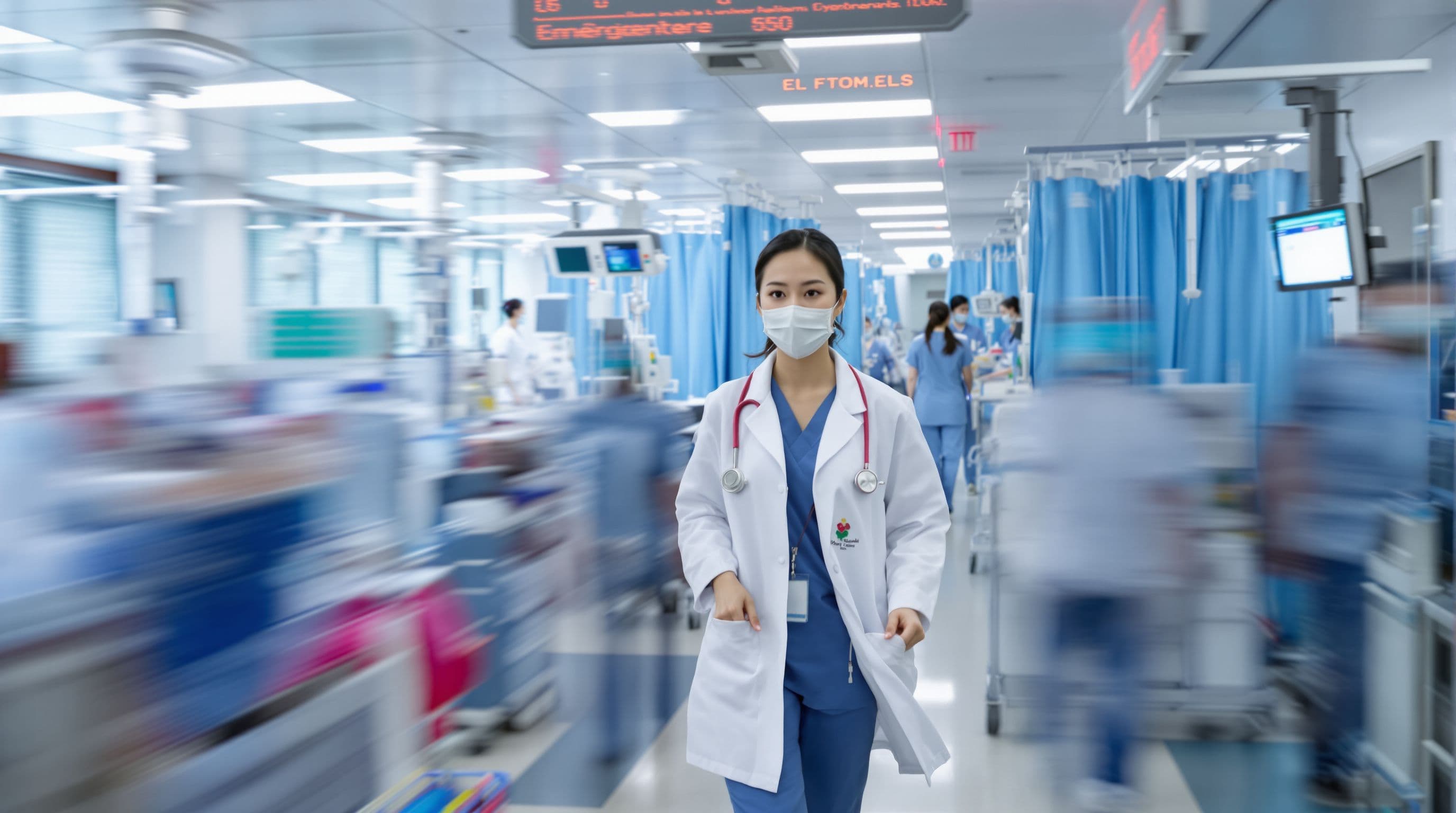 Hospital emergency department during active shift. A Thai mid-30s ER physician, walking quickly through the department, wh...