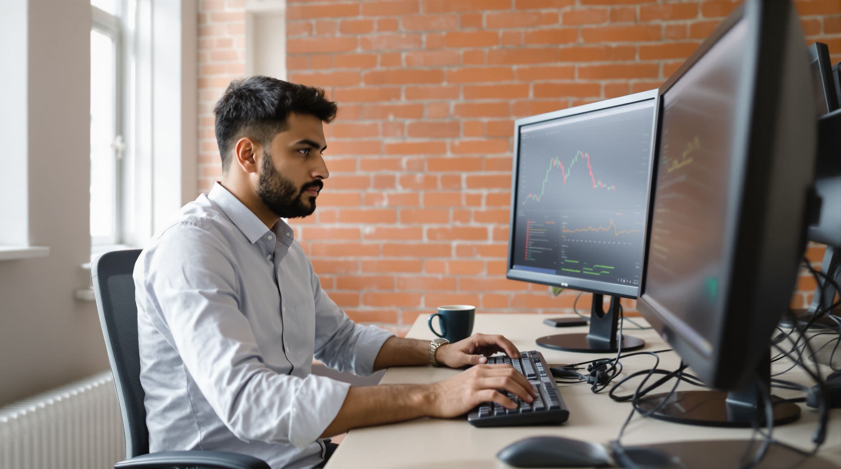 Risk management professional conducting AI system assessment at workstation