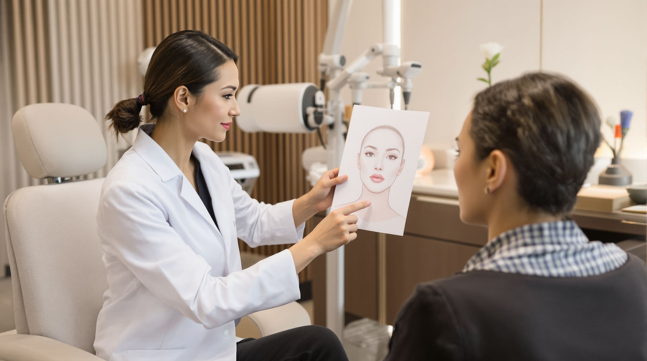 Thai late 30s aesthetic physician, performing a consultation with a patient in a luxurious ...