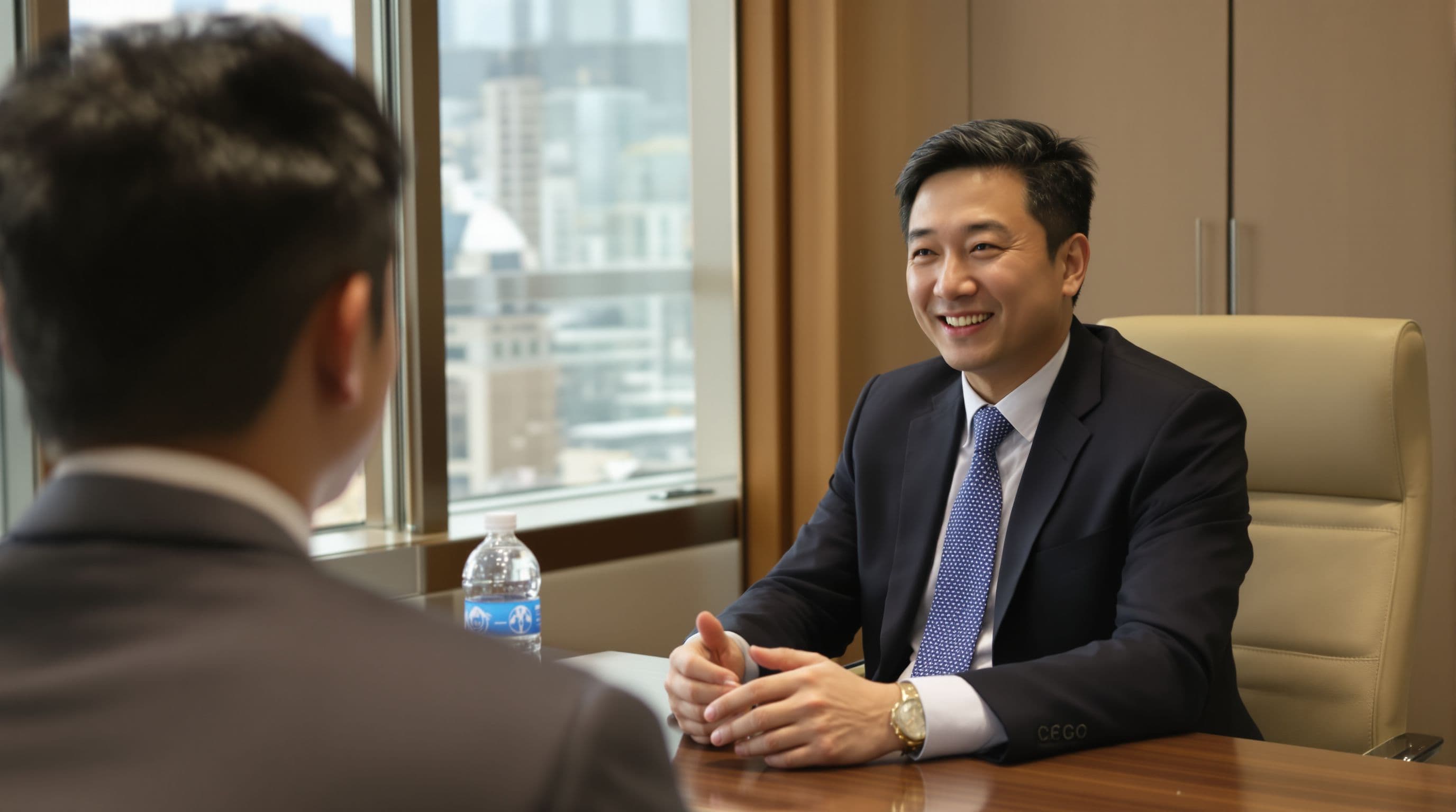 Hong Kong Chinese late 40s executive search consultant, in a private meeting room with a CEO candidate (...