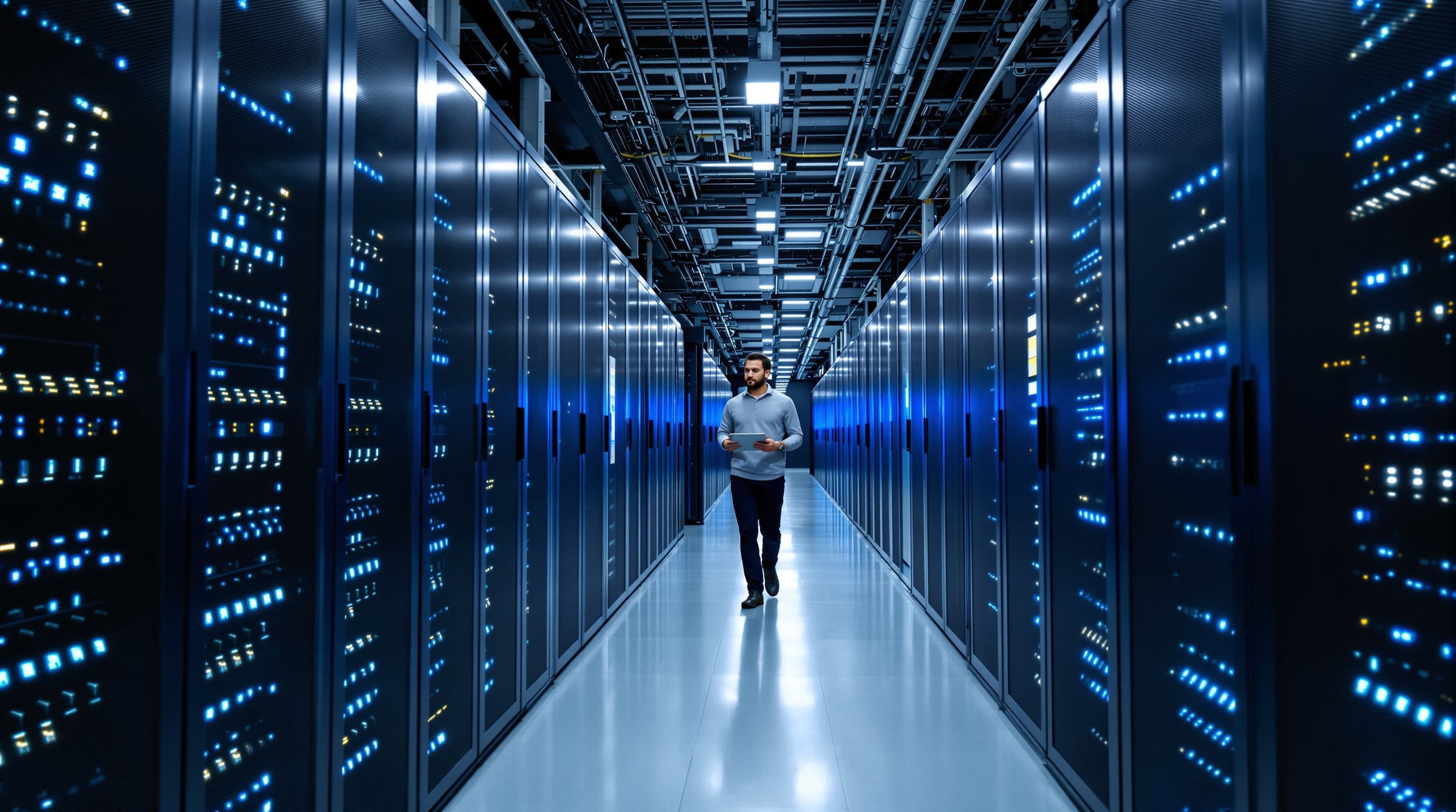 Engineer walking through modern data center server room with blue LED lighting