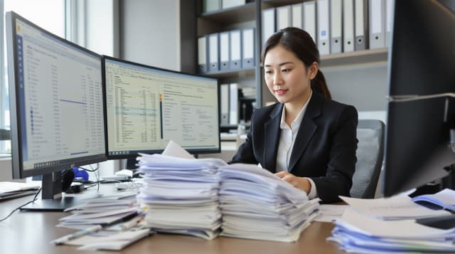 Singaporean Chinese late 30s senior auditor, at her desk in a professional accounting firm office