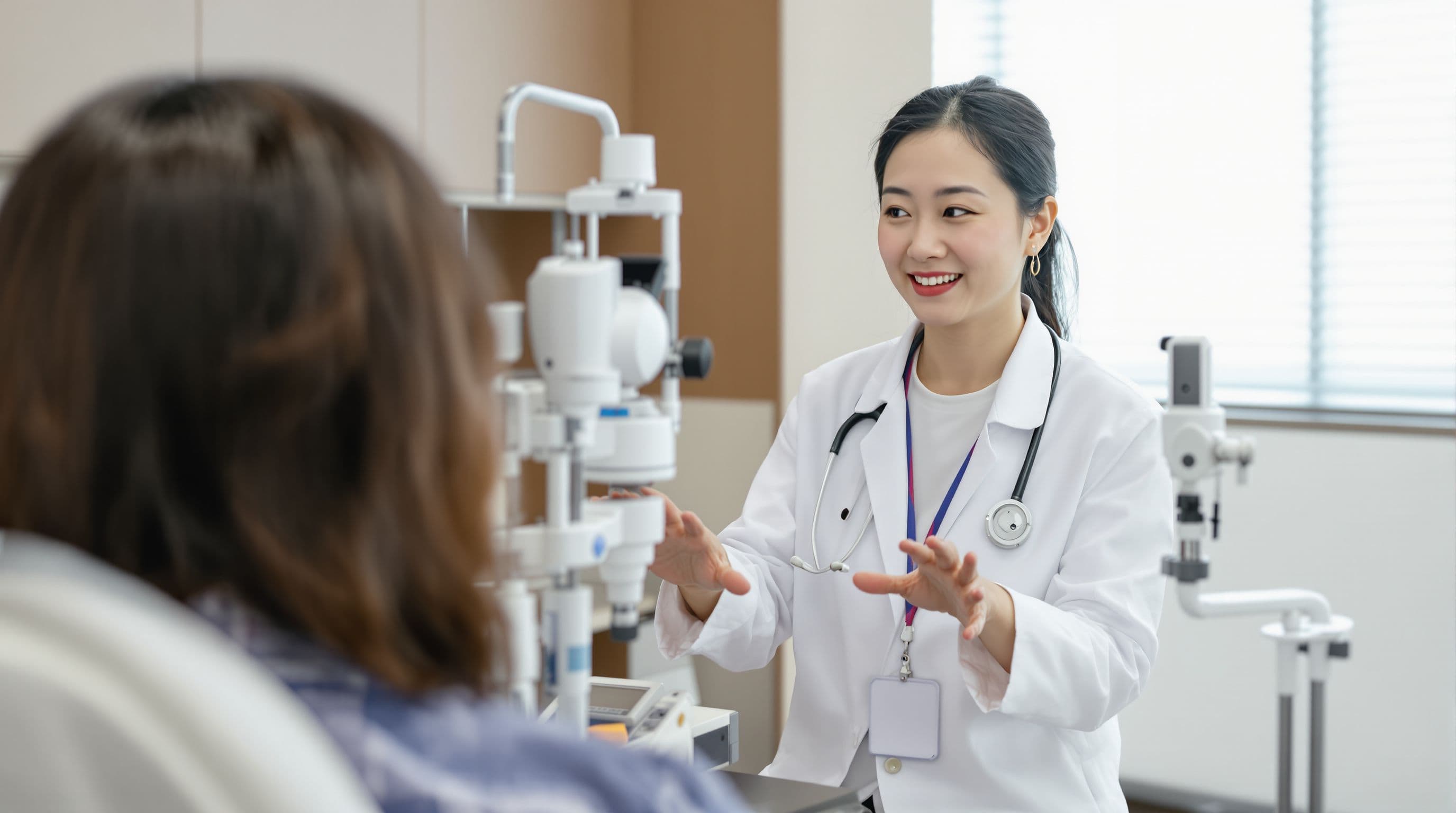 Dermatologist examining patient skin condition using dermatoscope in clinical setting