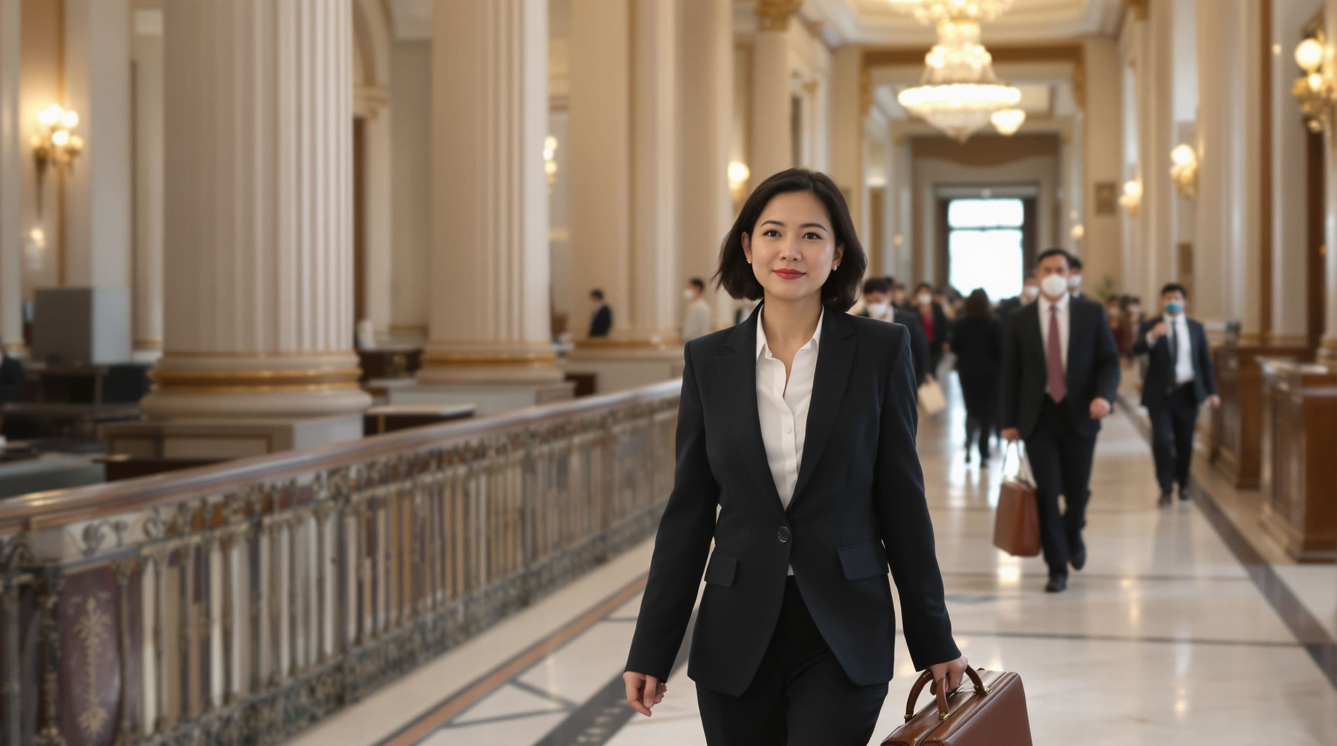 Malaysian mid-40s litigation partner, walking through a courthouse corridor in formal court att...