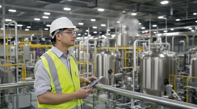 Process engineer monitoring chemical production systems on industrial plant floor