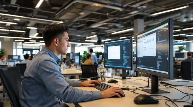 Modern fintech company open-plan office with developers at workstations. A Vietnamese early 30s in the foreground software...