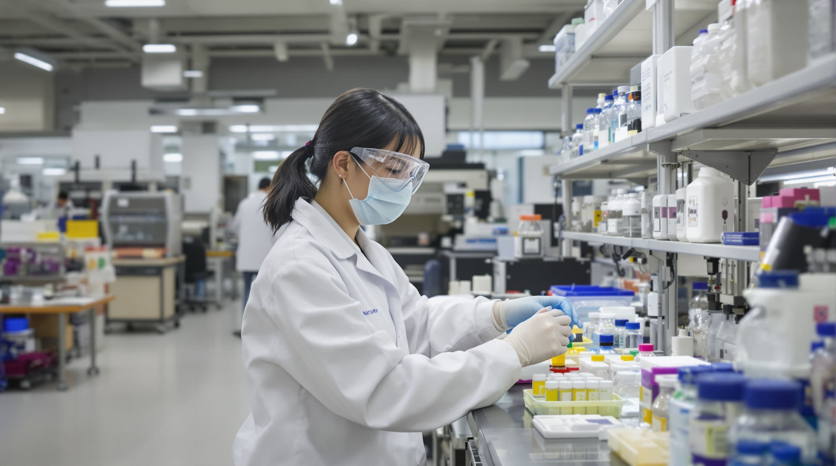 Vietnamese mid-30s research scientist, working in a pharmaceutical research laboratory