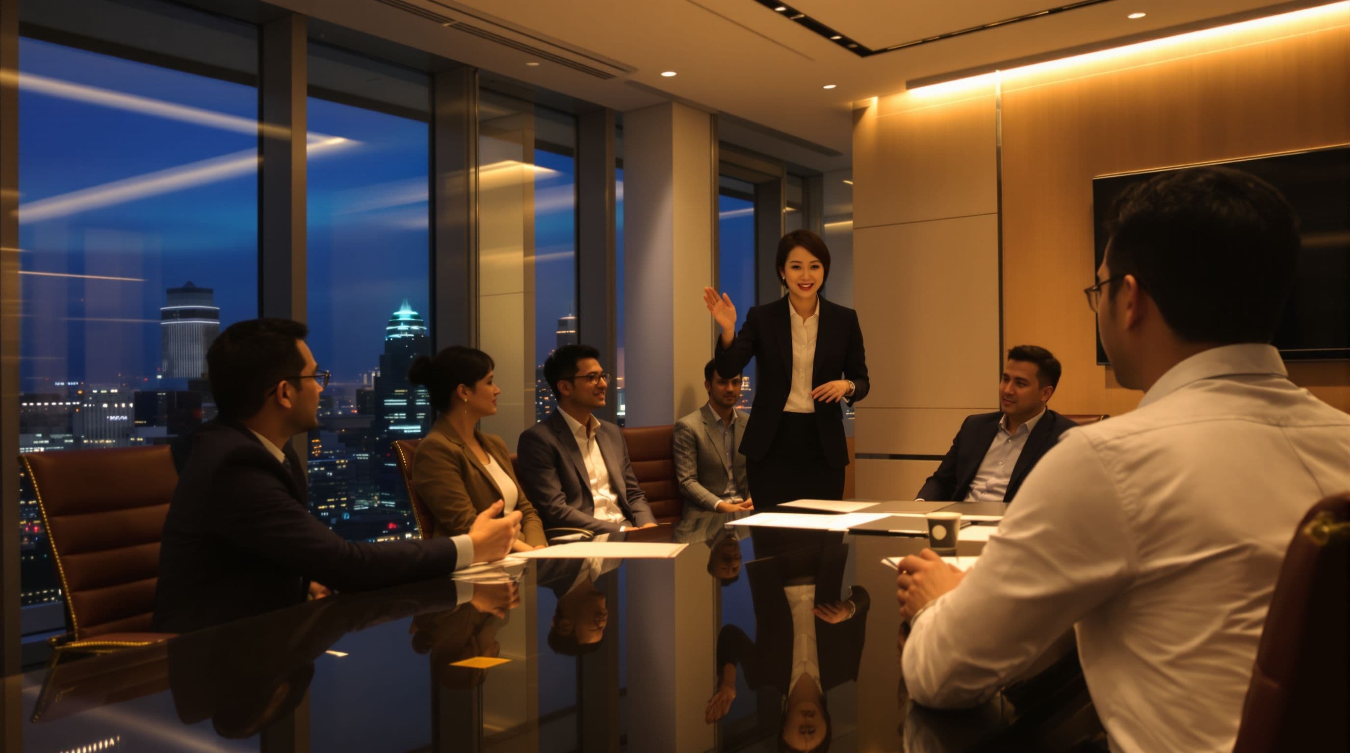 Hong Kong Chinese early 40s management consultant, leading a strategy session in a modern boardroom