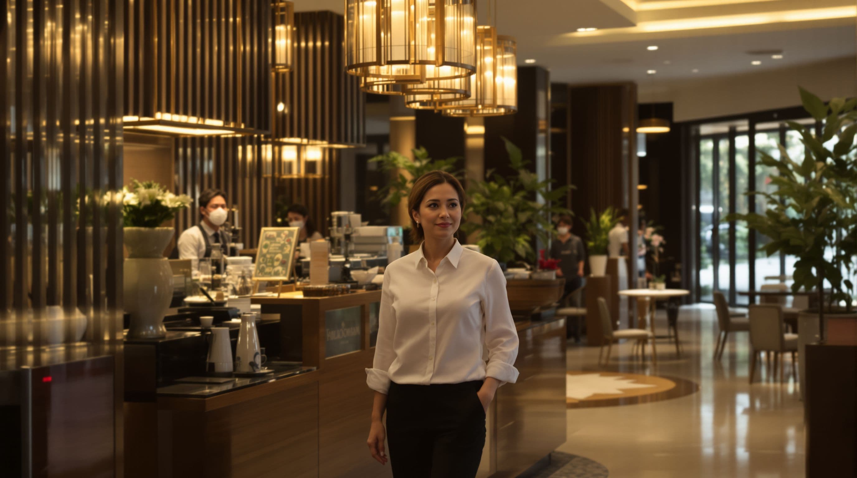 Malaysian late 40s family hotel group executive, walking through the lobby of one of the family'...