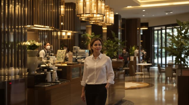 Malaysian late 40s family hotel group executive, walking through the lobby of one of the family'...