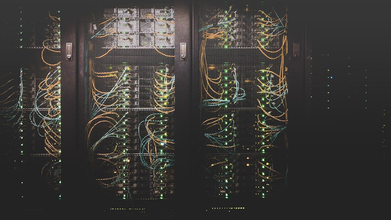 Server room with illuminated network equipment racks