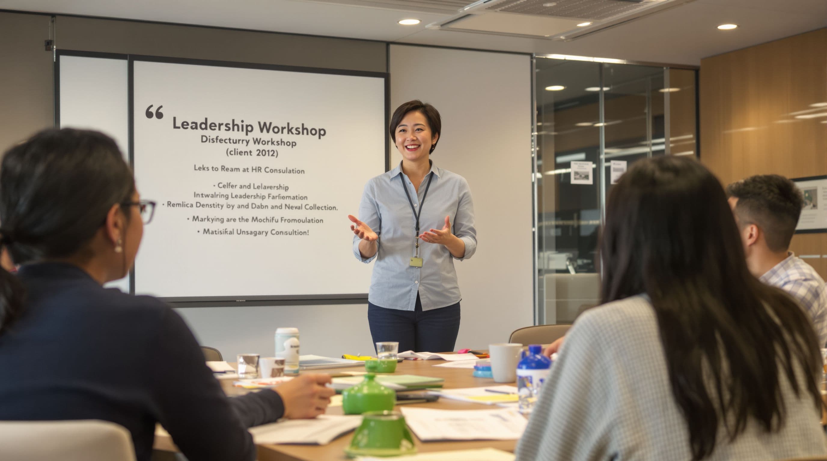 Singaporean Chinese mid-40s HR consultant, facilitating a leadership workshop at a client company
