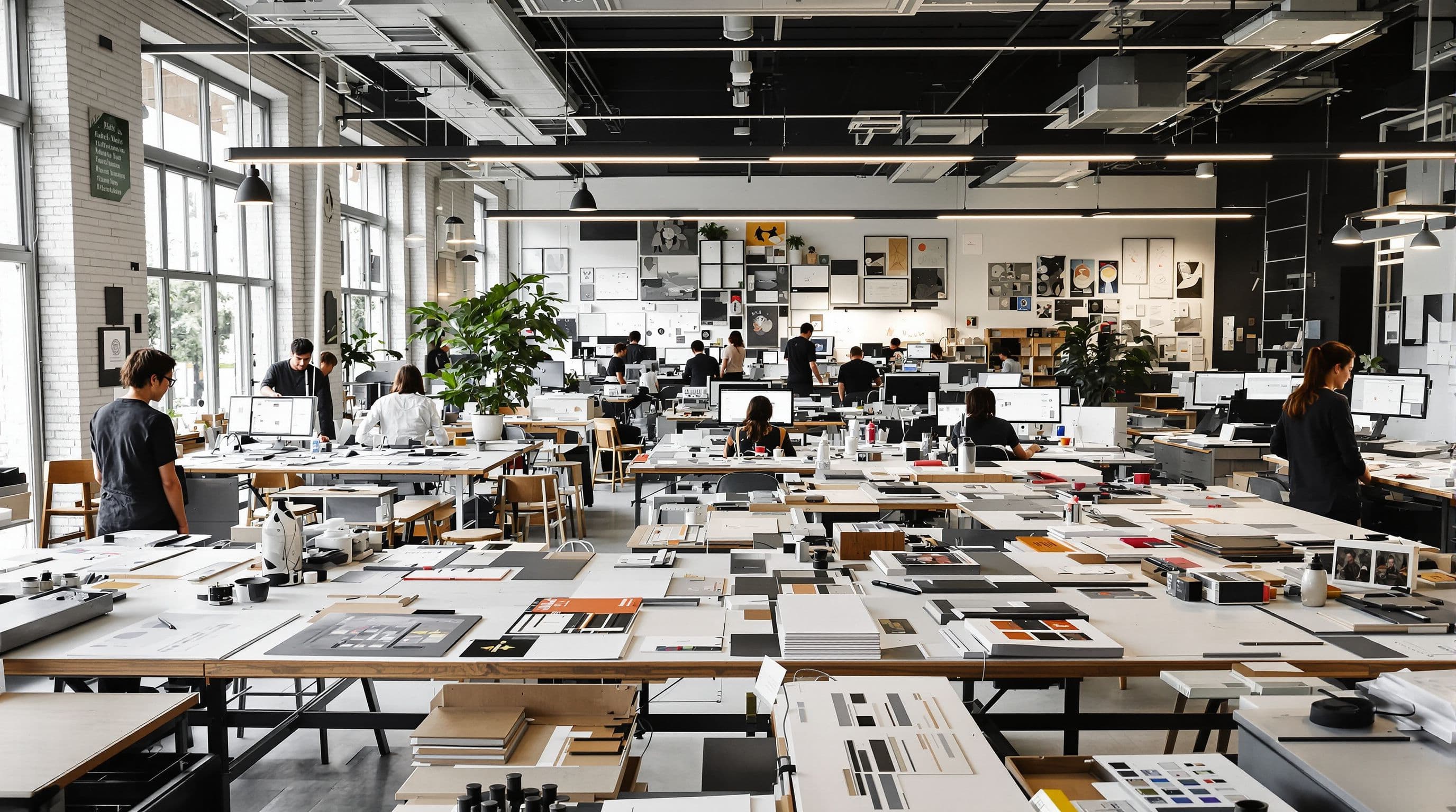 Japanese early 40s design studio founder, at a large collaborative workspace reviewing brand ide...
