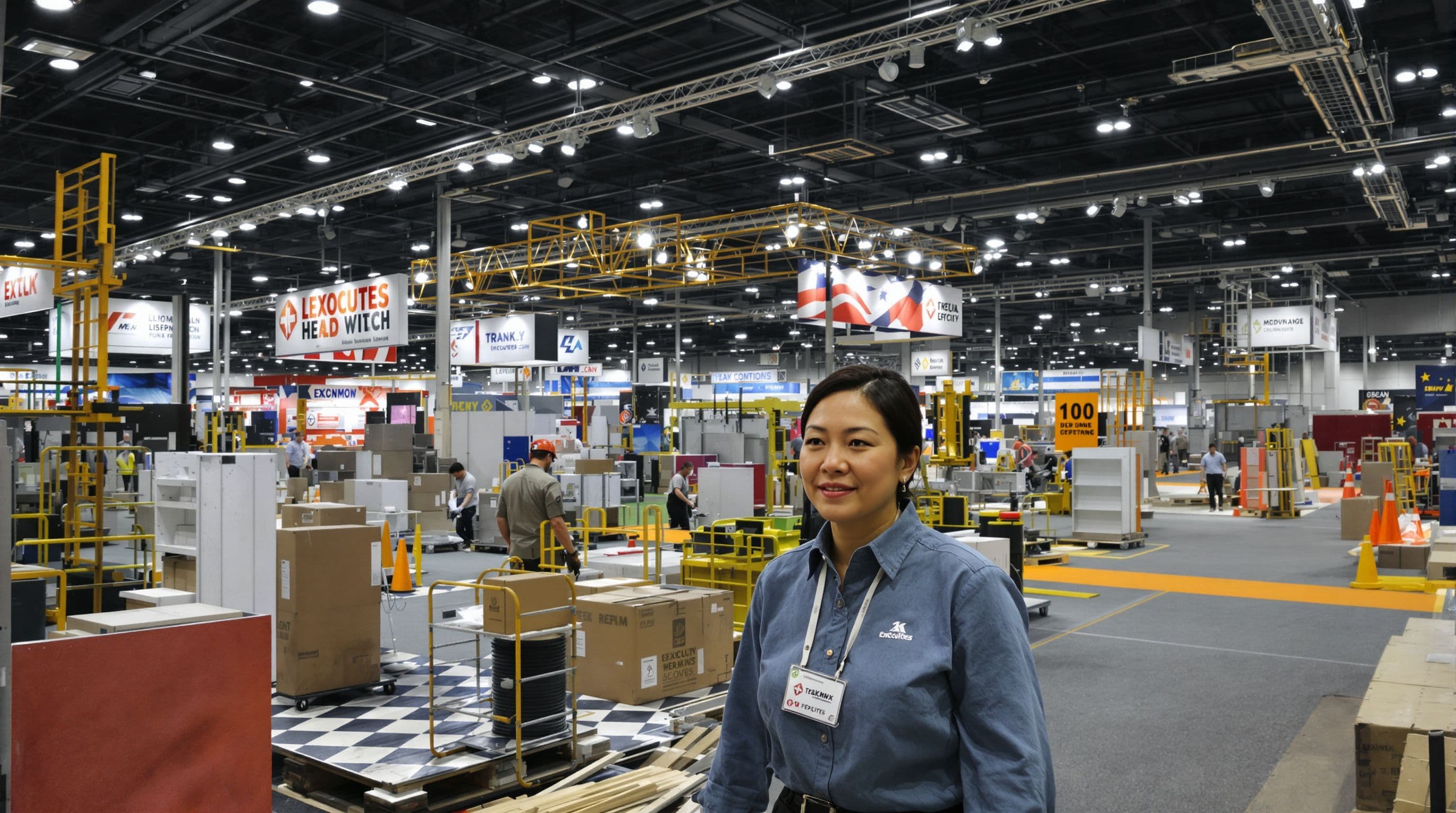 Vietnamese mid-40s exhibition director, walking the floor of a trade show during setup