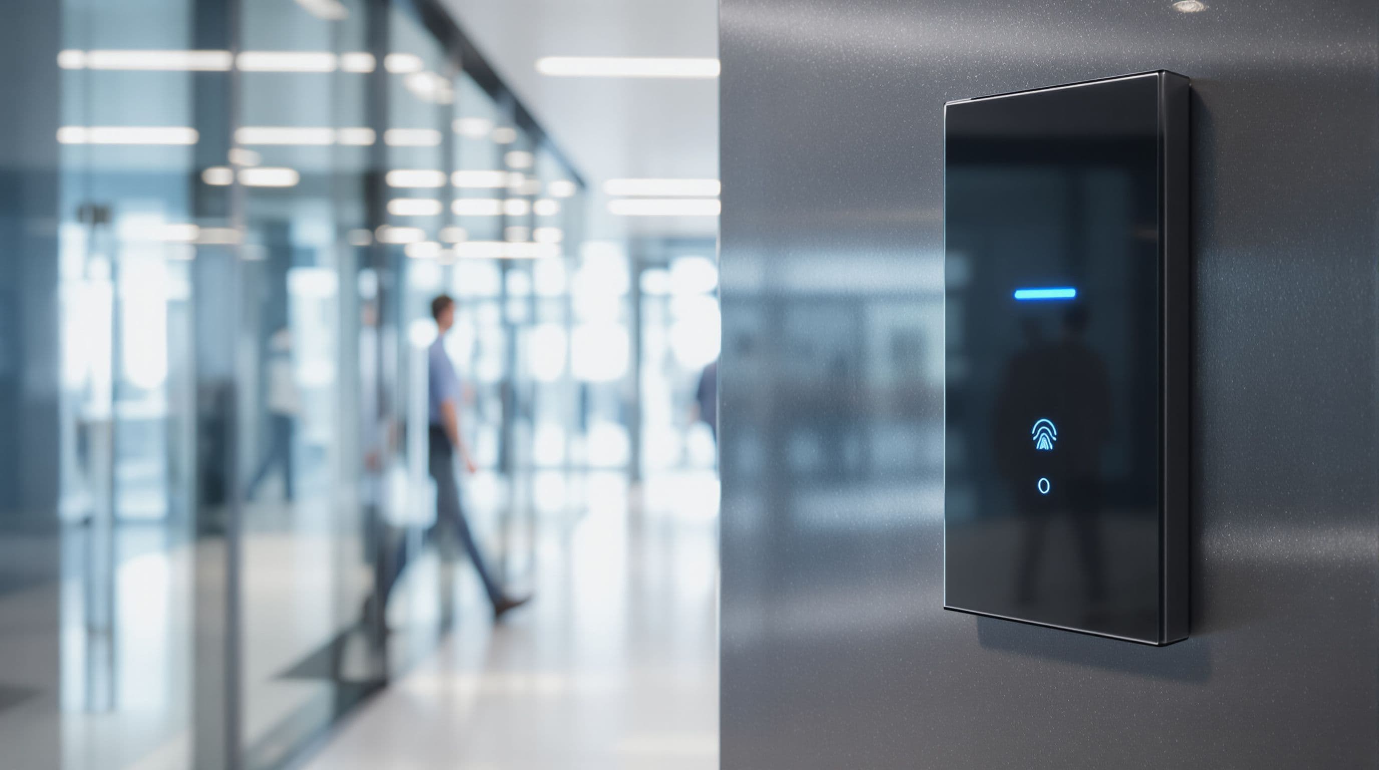 Security technology professional examining access control systems in corporate environment