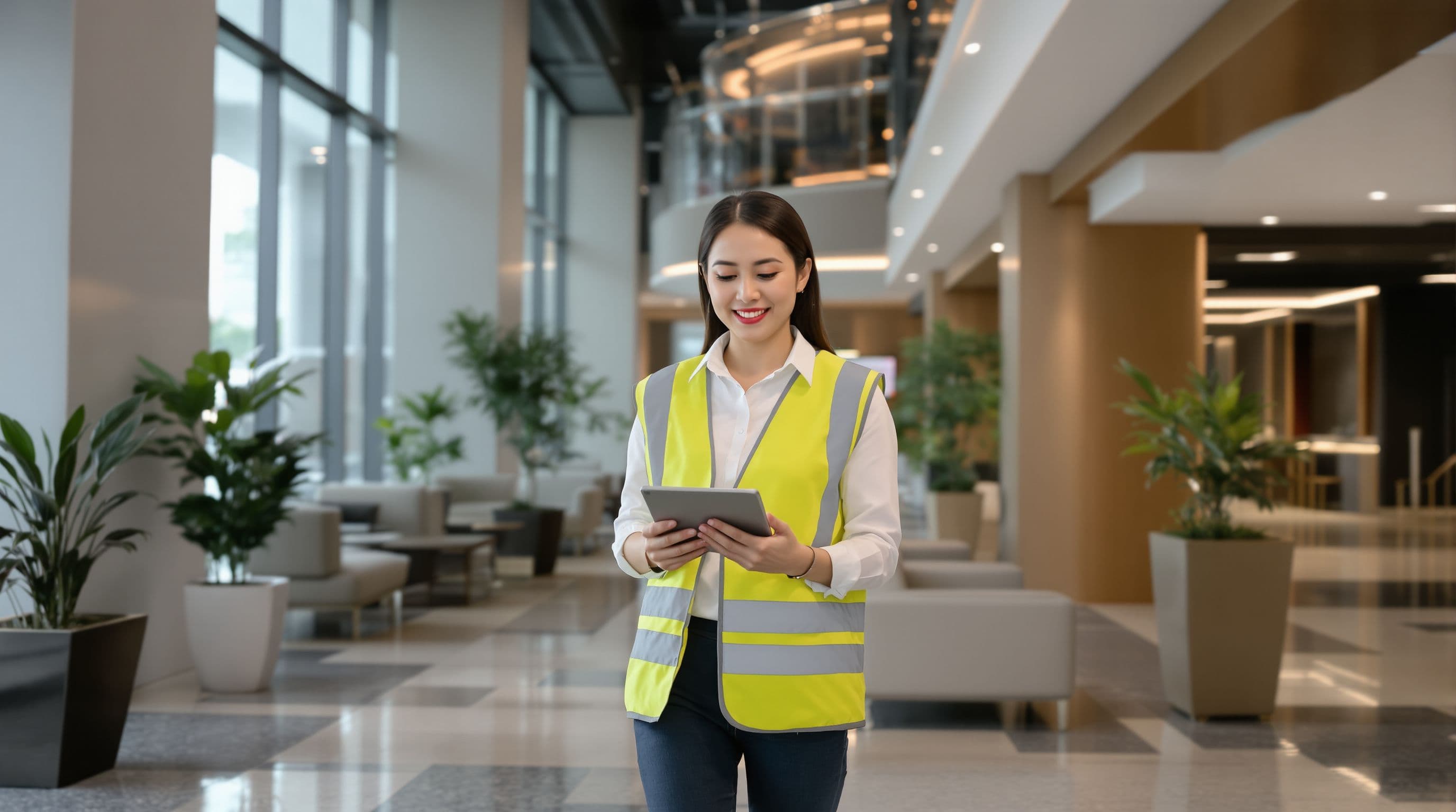 Malaysian mid-40s property manager, doing a building inspection walk in a commercial property