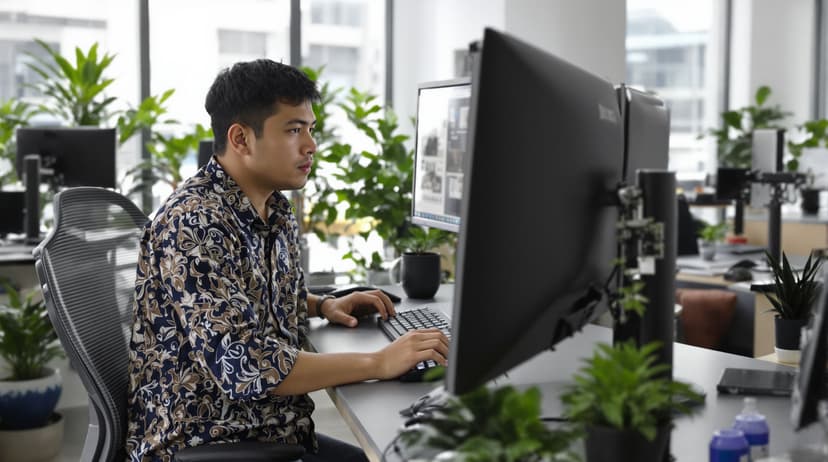 Indonesian technology professional working at a modern Jakarta office