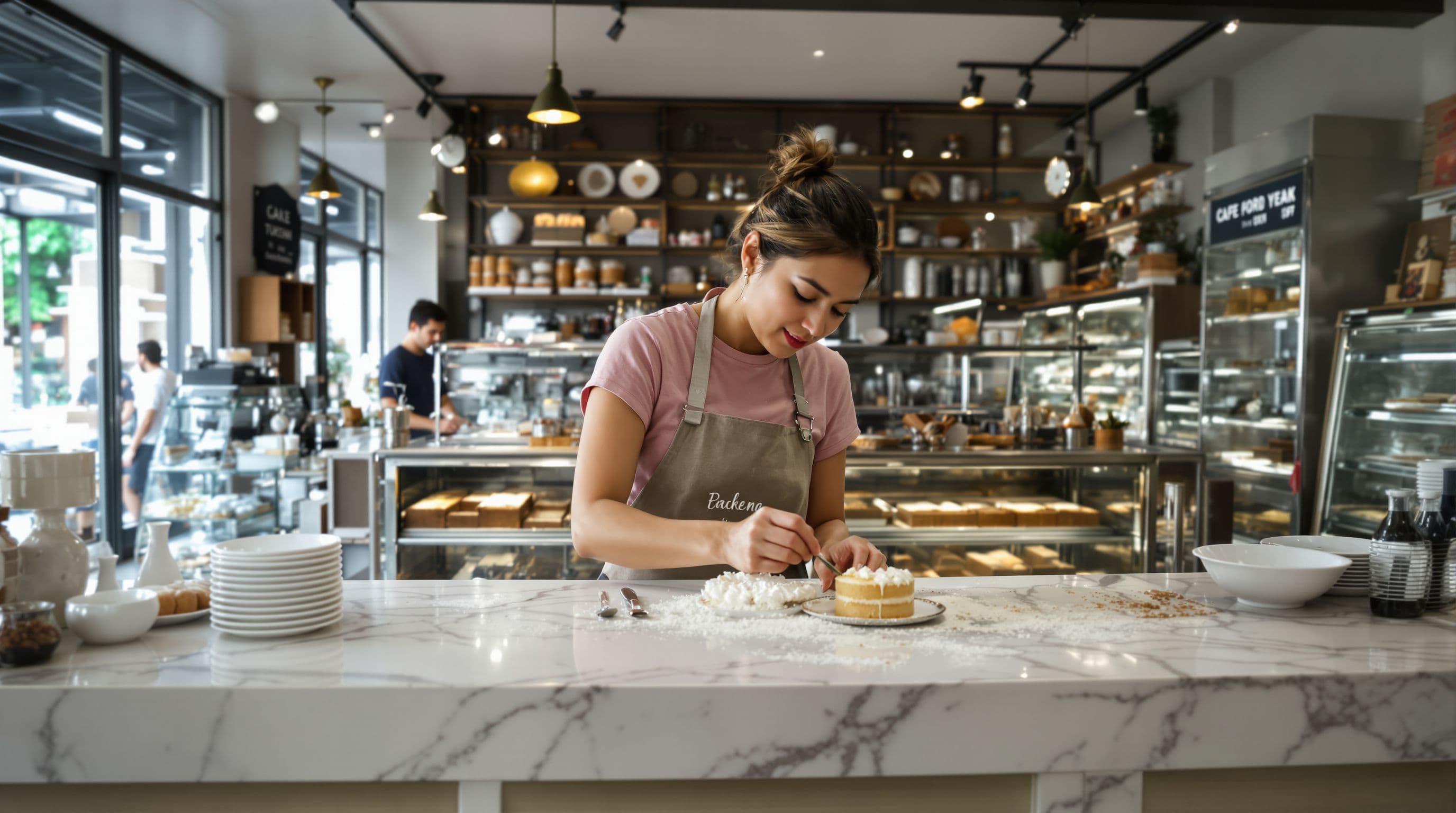 Malaysian late 30s bakery owner, working at a marble counter in an open kitchen bakery